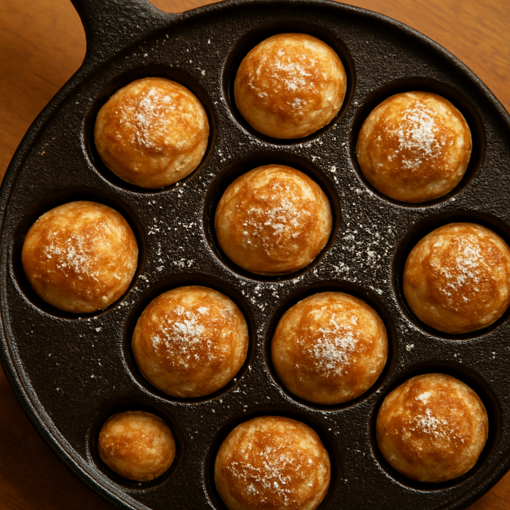 Poffertjes cooking in a cast iron pan, dusted with icing sugar