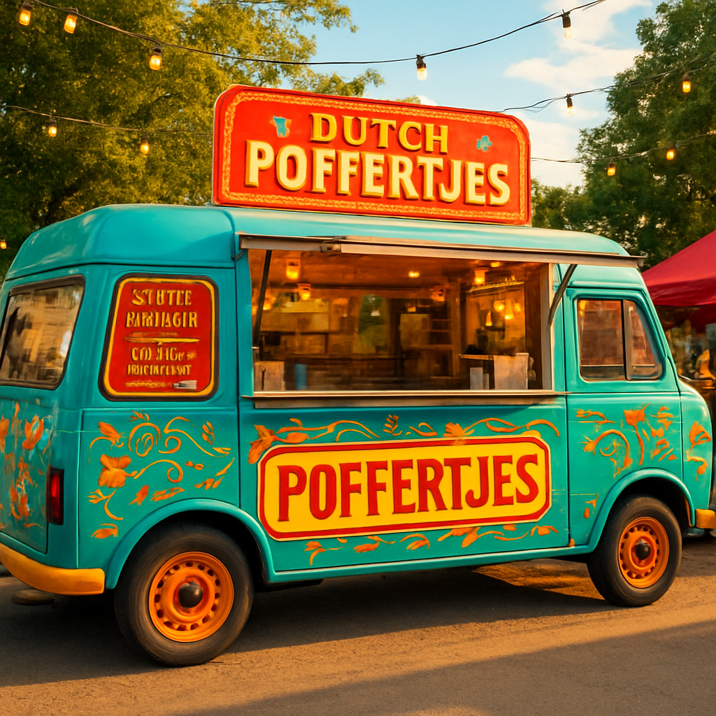 Colourful food truck serving poffertjes at an outdoor event
