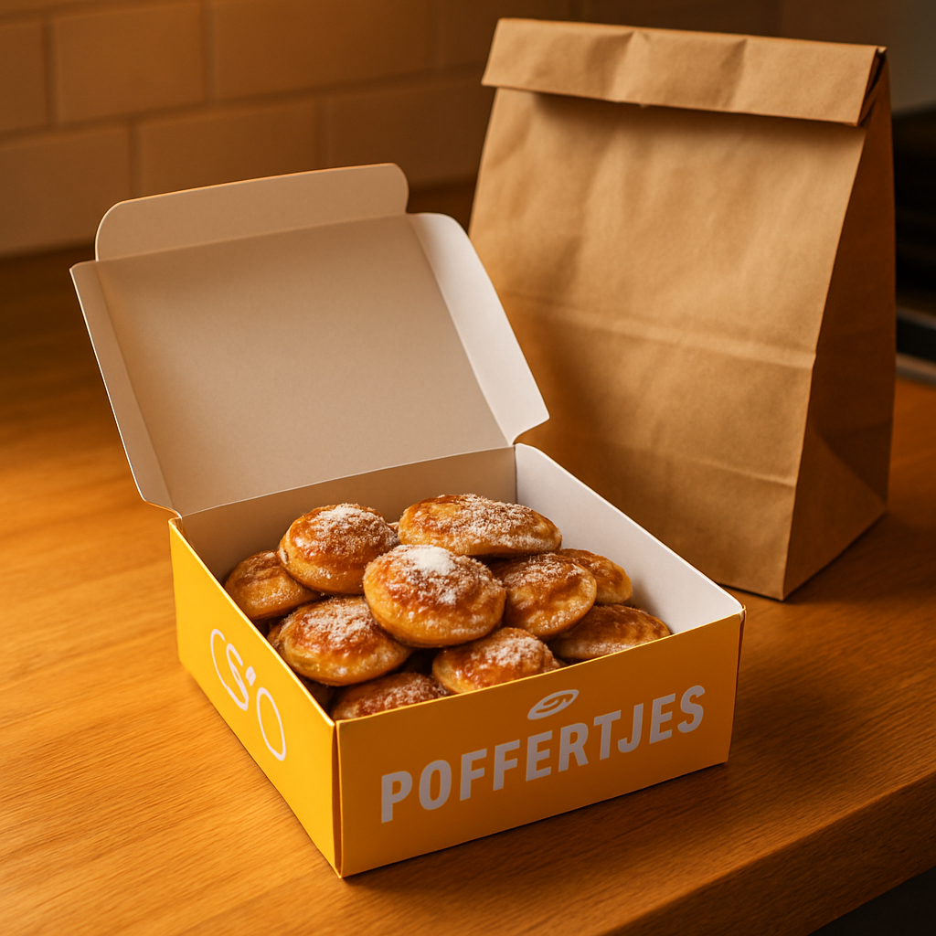 Branded takeaway box of poffertjes ready for Uber Eats delivery