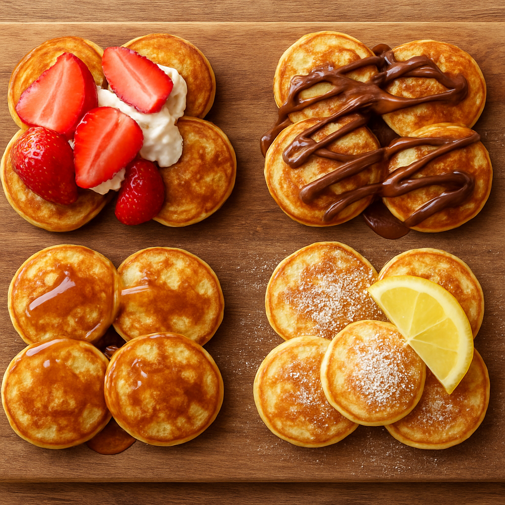 Poffertjes mini pancakes with various sweet and savory toppings